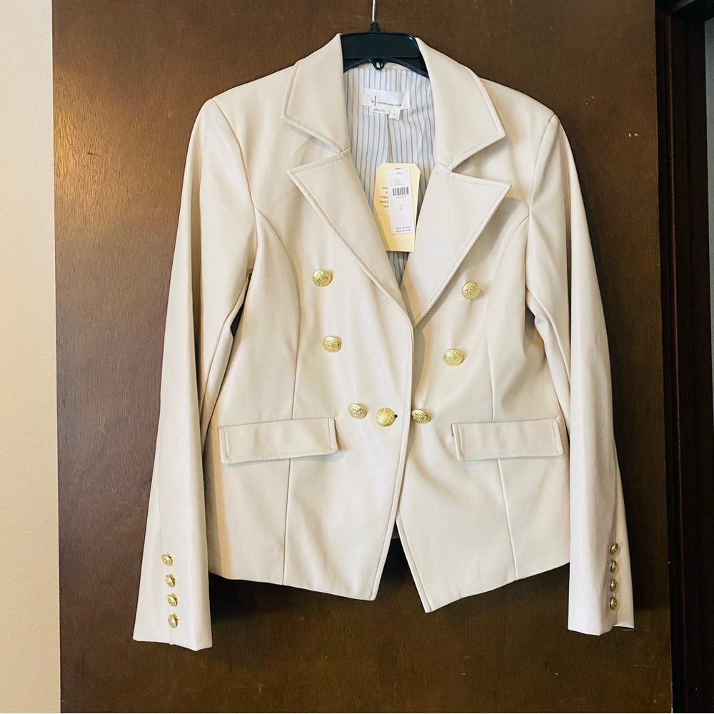 Anthropologie Cream Pleather Blazer with Gold Buttons